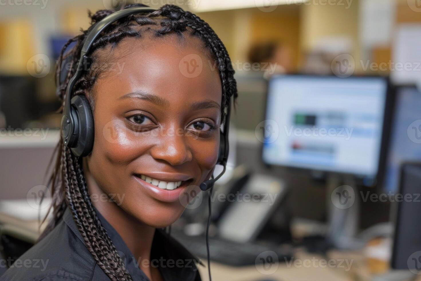 Smiling young woman working as call center operator photo