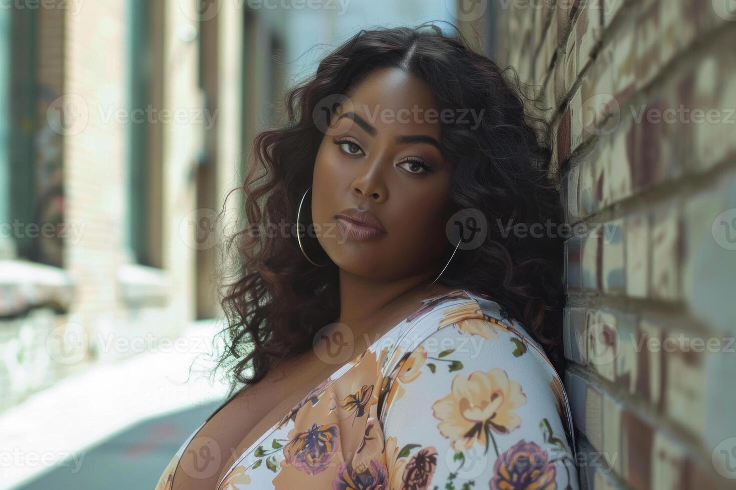 Plus size model posing in urban setting, embracing body positivity and fashion photo