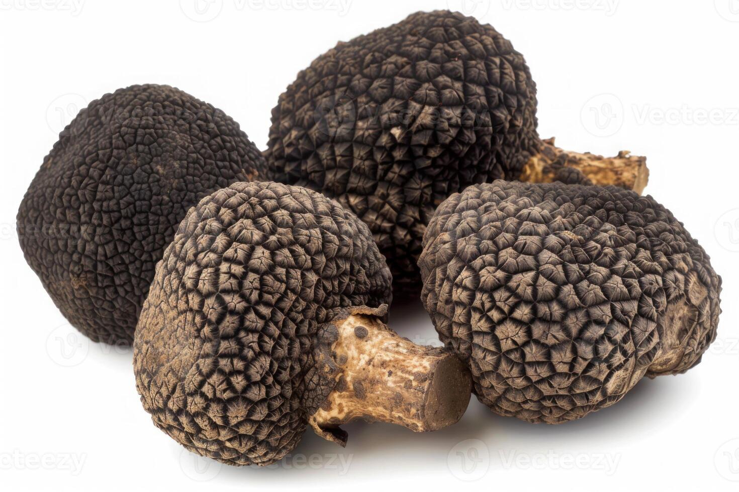 Four black truffles showing intricate texture on white background photo