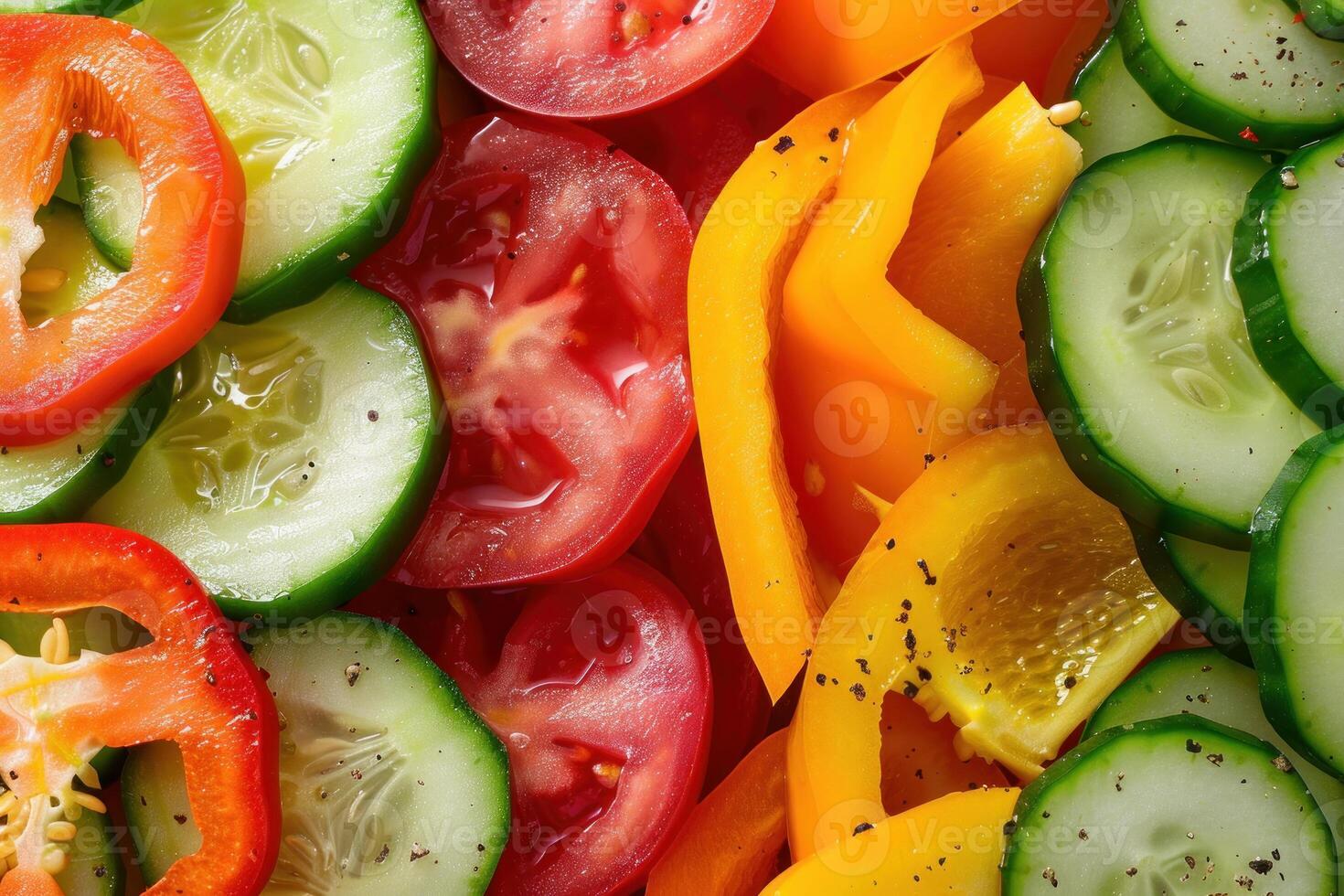 Sliced cucumbers, tomatoes, and yellow bell peppers creating a colorful and healthy salad photo
