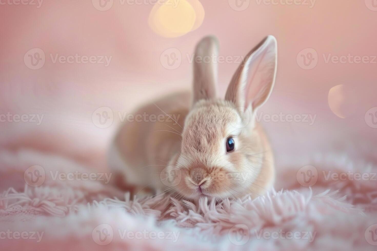 Lovely baby bunny relaxing on soft pink blanket photo