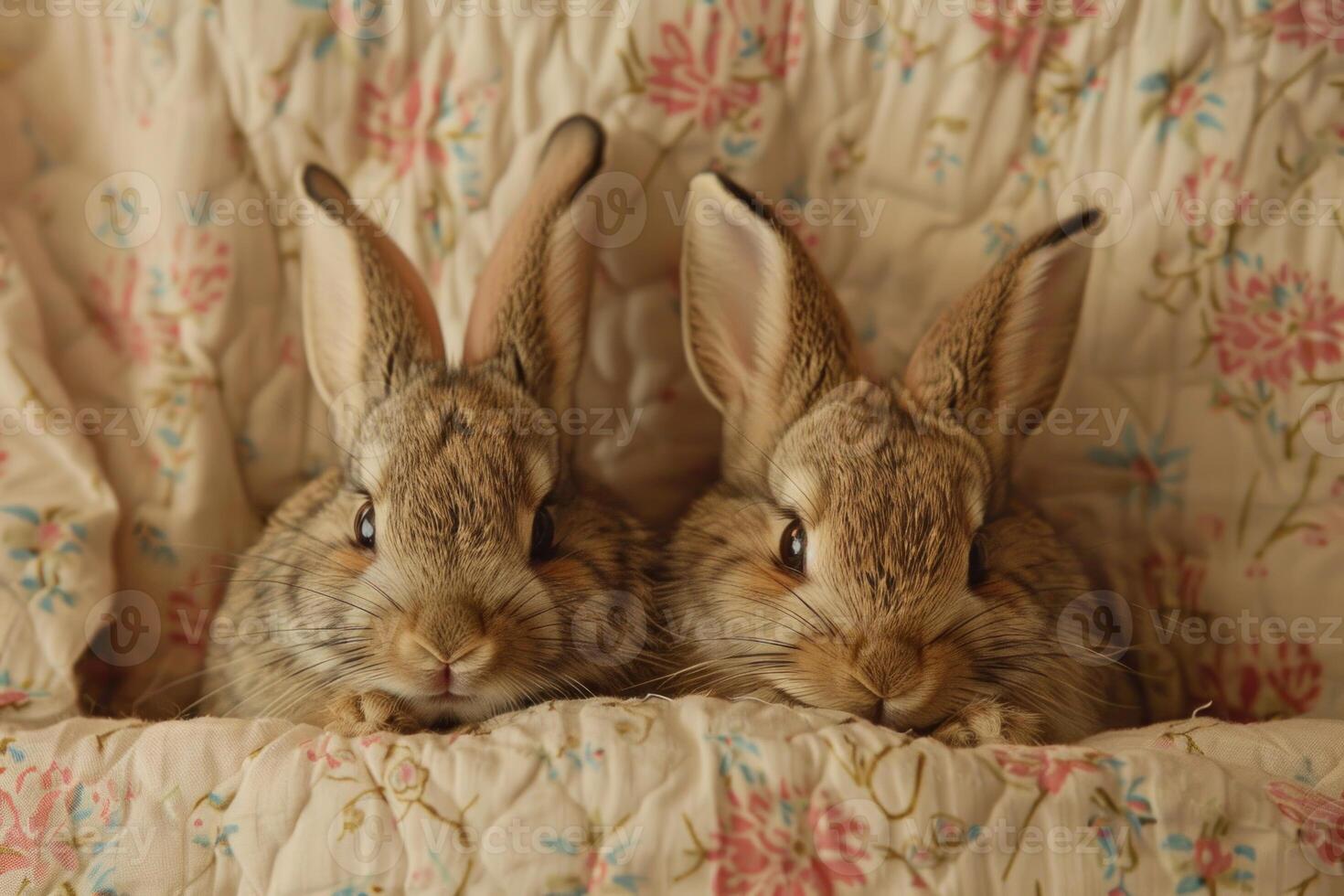 Two adorable rabbits relaxing on floral blanket photo