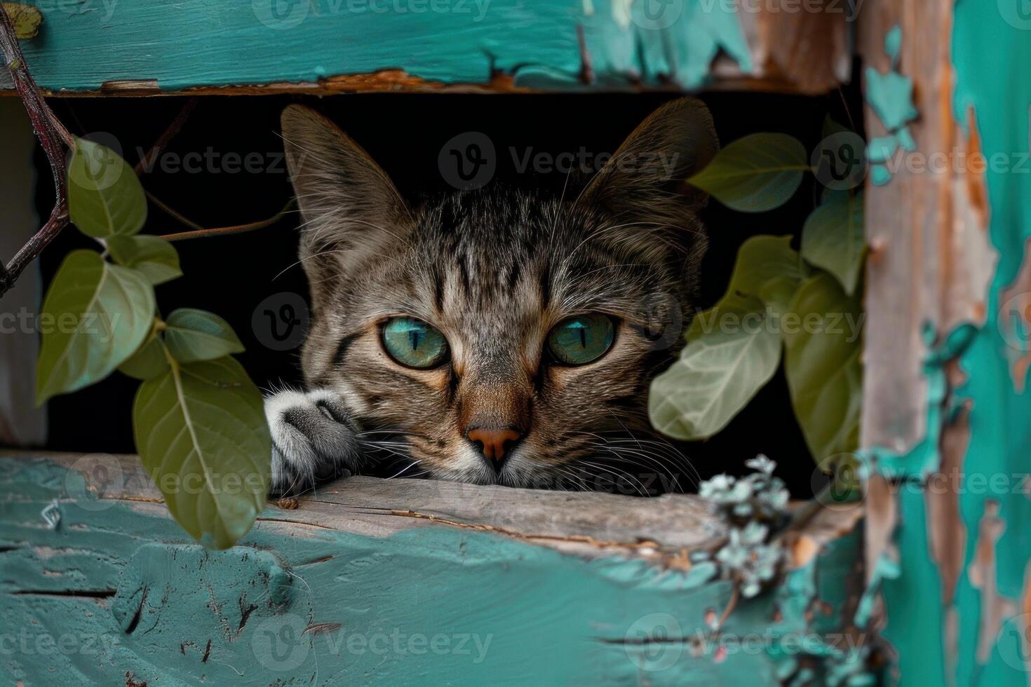 Curious cat peeking through rustic teal window frame photo