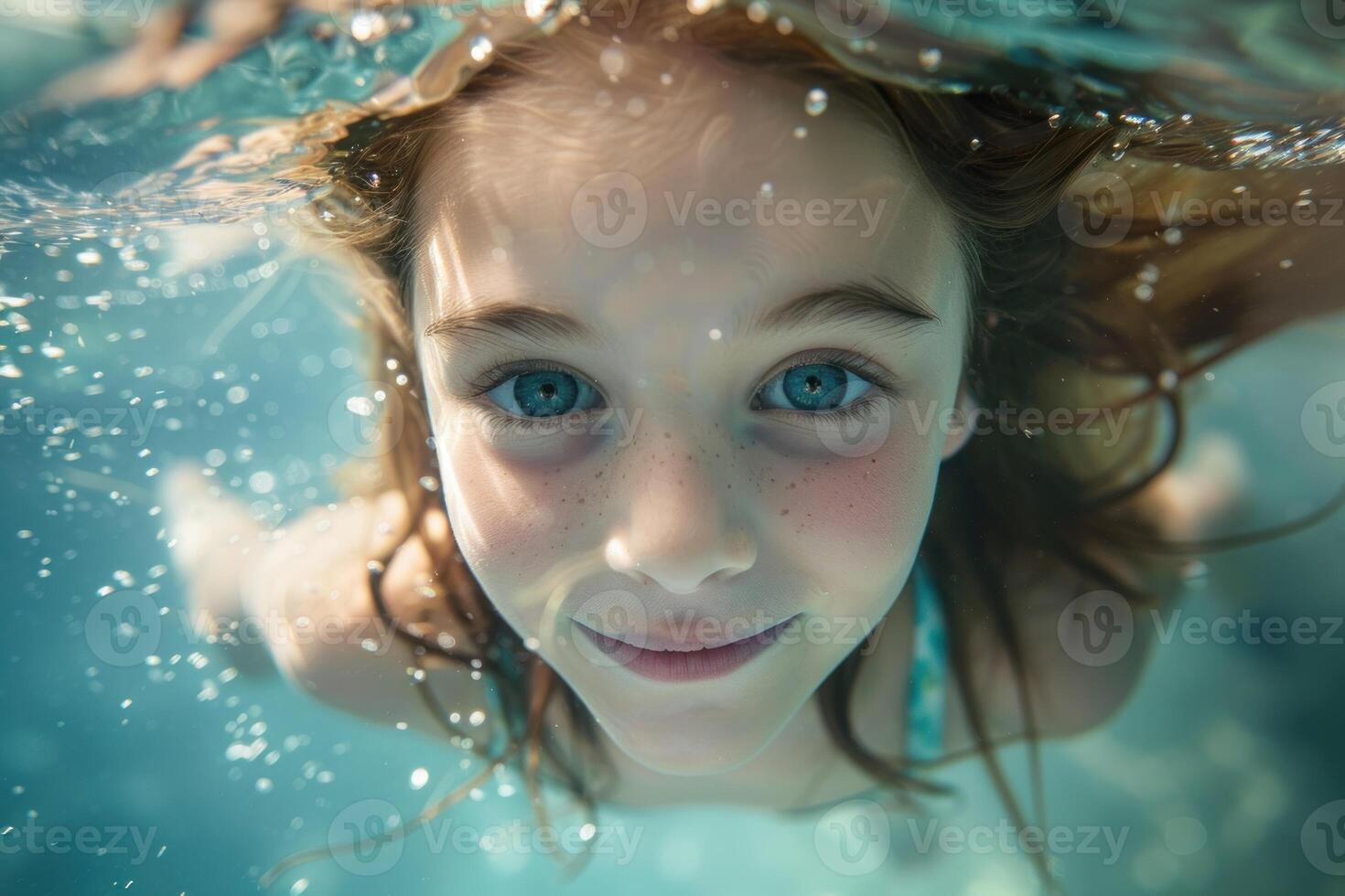 Young girl swimming underwater with open eyes in clear blue water photo