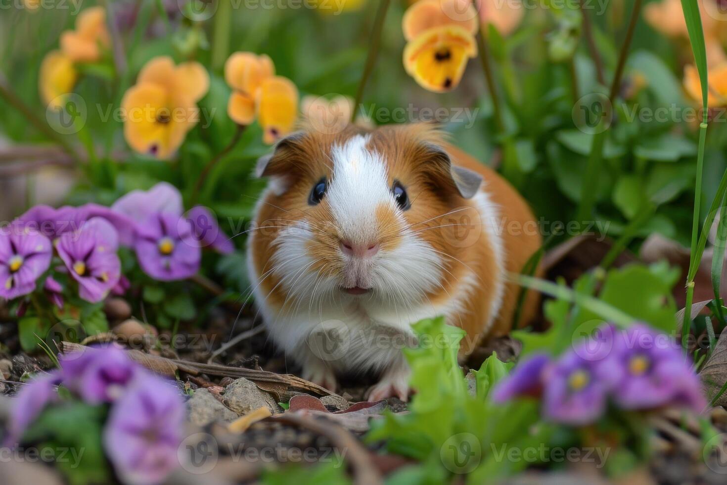 Adorable guinea pig relaxing in a colorful flower garden photo
