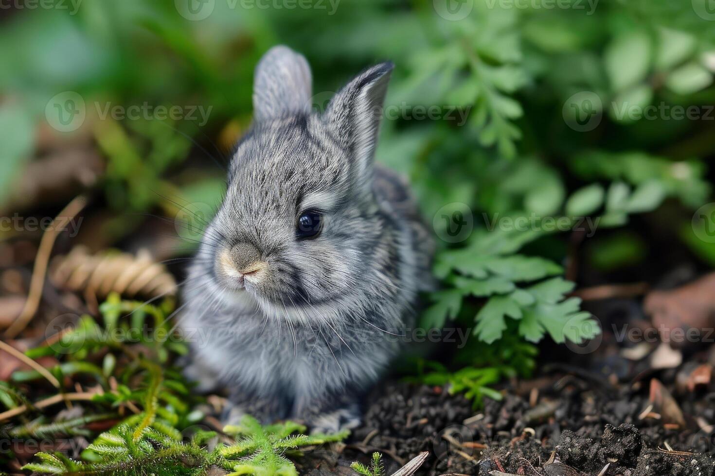 Adorable grey baby rabbit exploring lush green garden photo