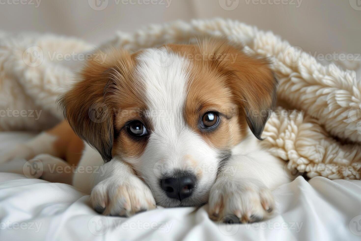 Adorable puppy resting on white sheets underneath soft blanket photo