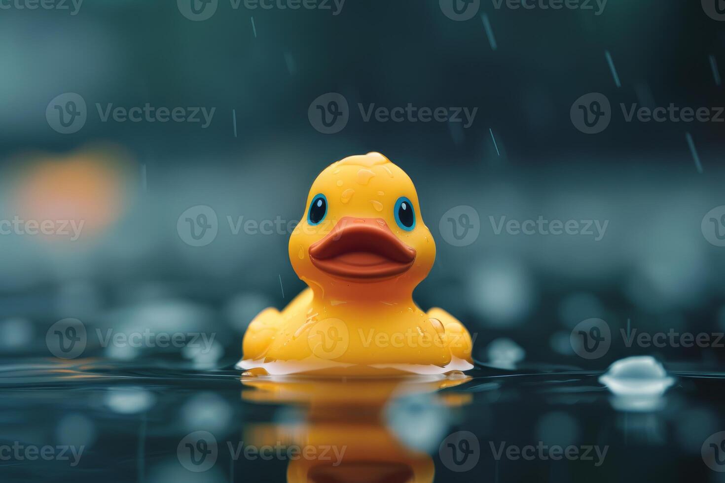 Yellow rubber duck floating on water surface while raining photo