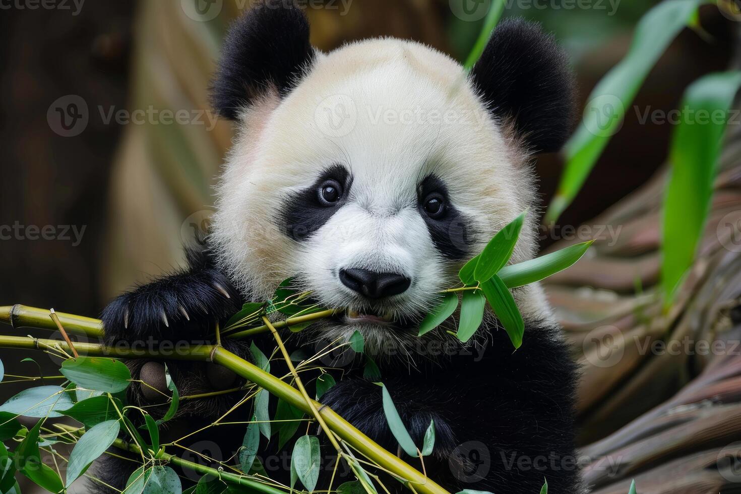 Cute baby panda eating bamboo in the forest photo