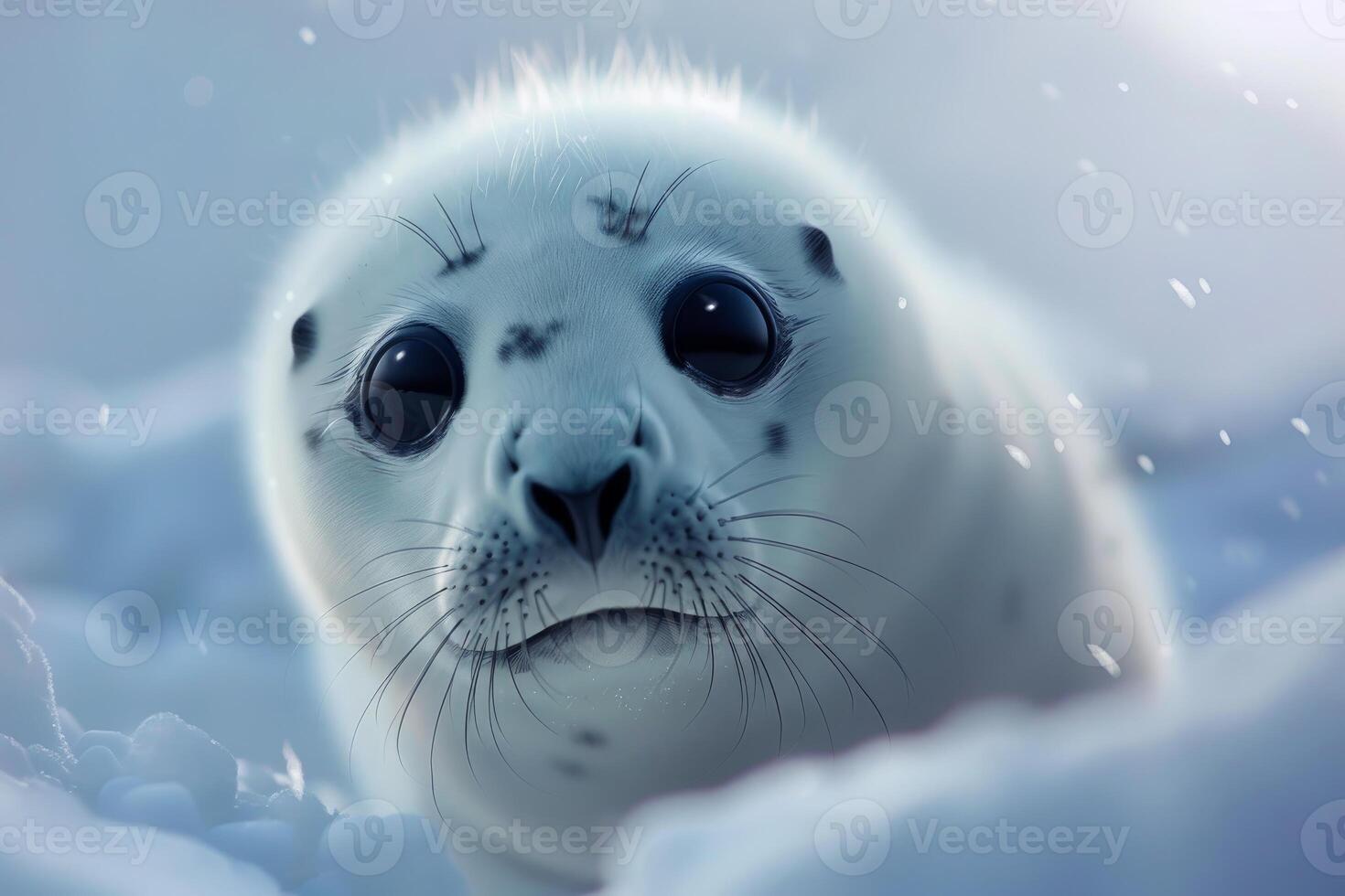 Harp seal pup emerging from snow in arctic landscape photo