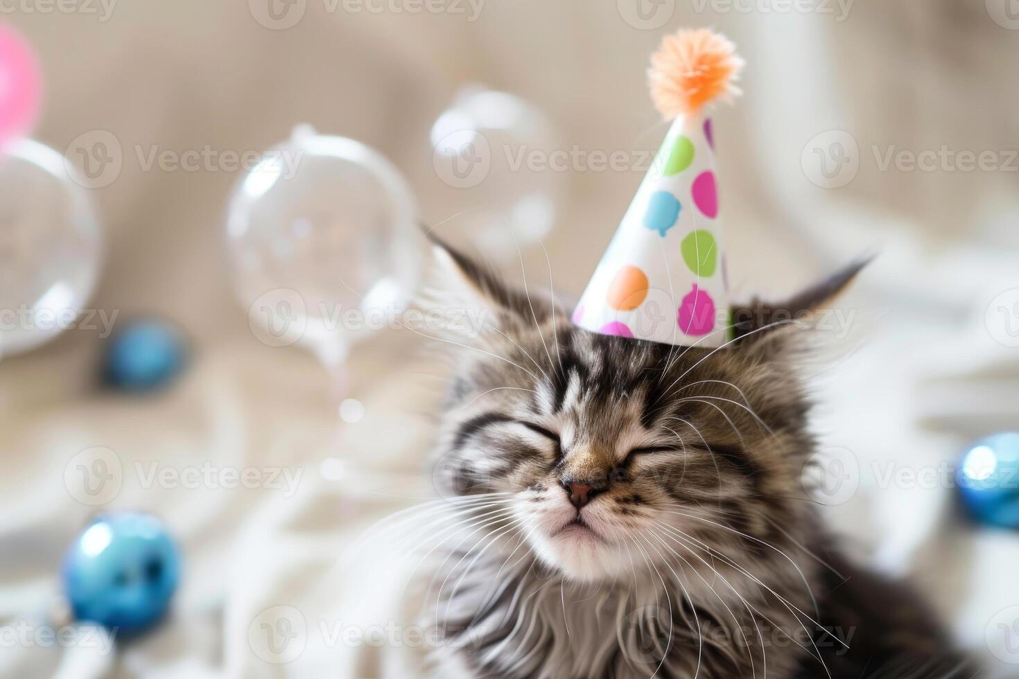 Adorable kitten wearing party hat celebrating birthday photo