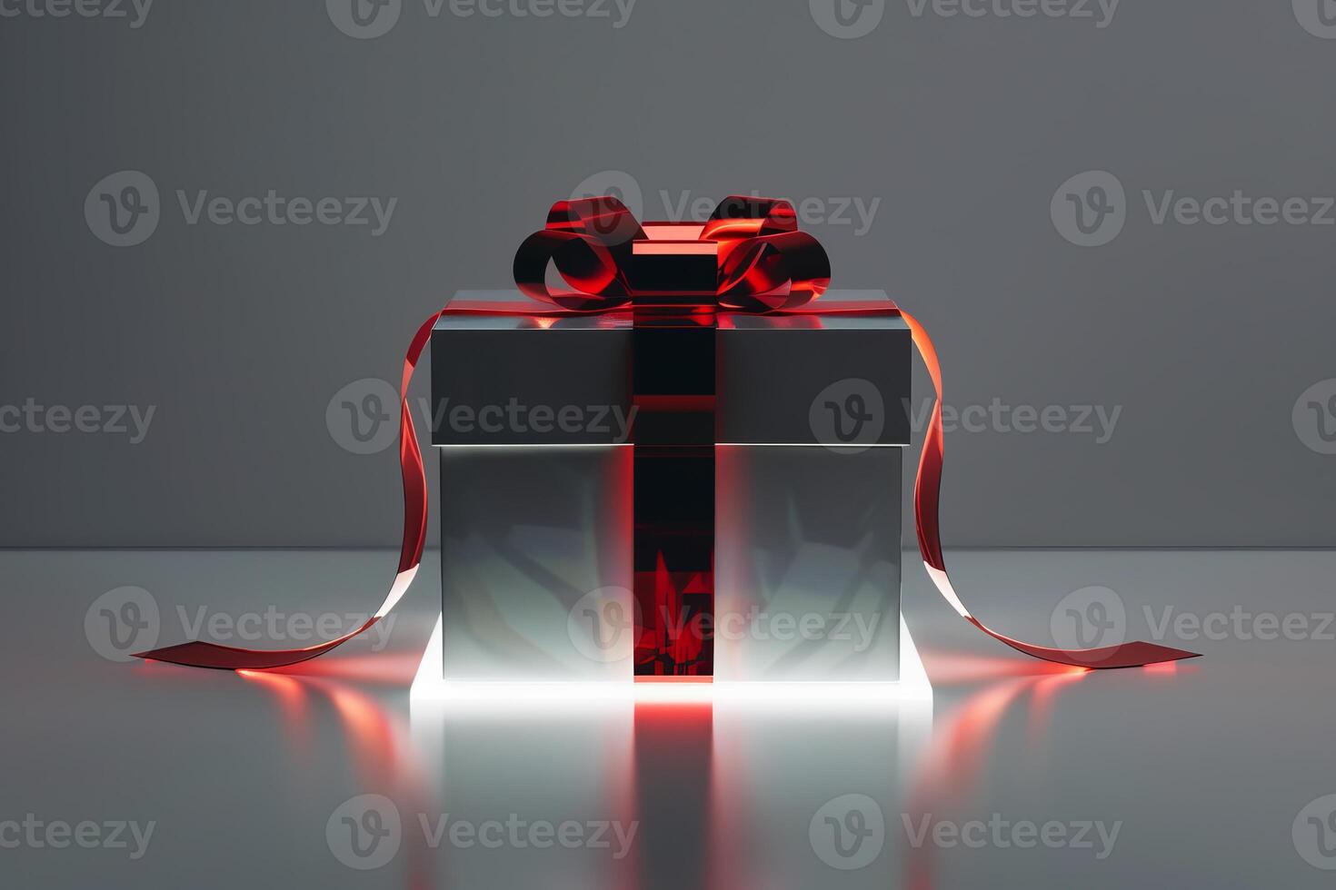 White gift box with red ribbon illuminated from below on gray background photo