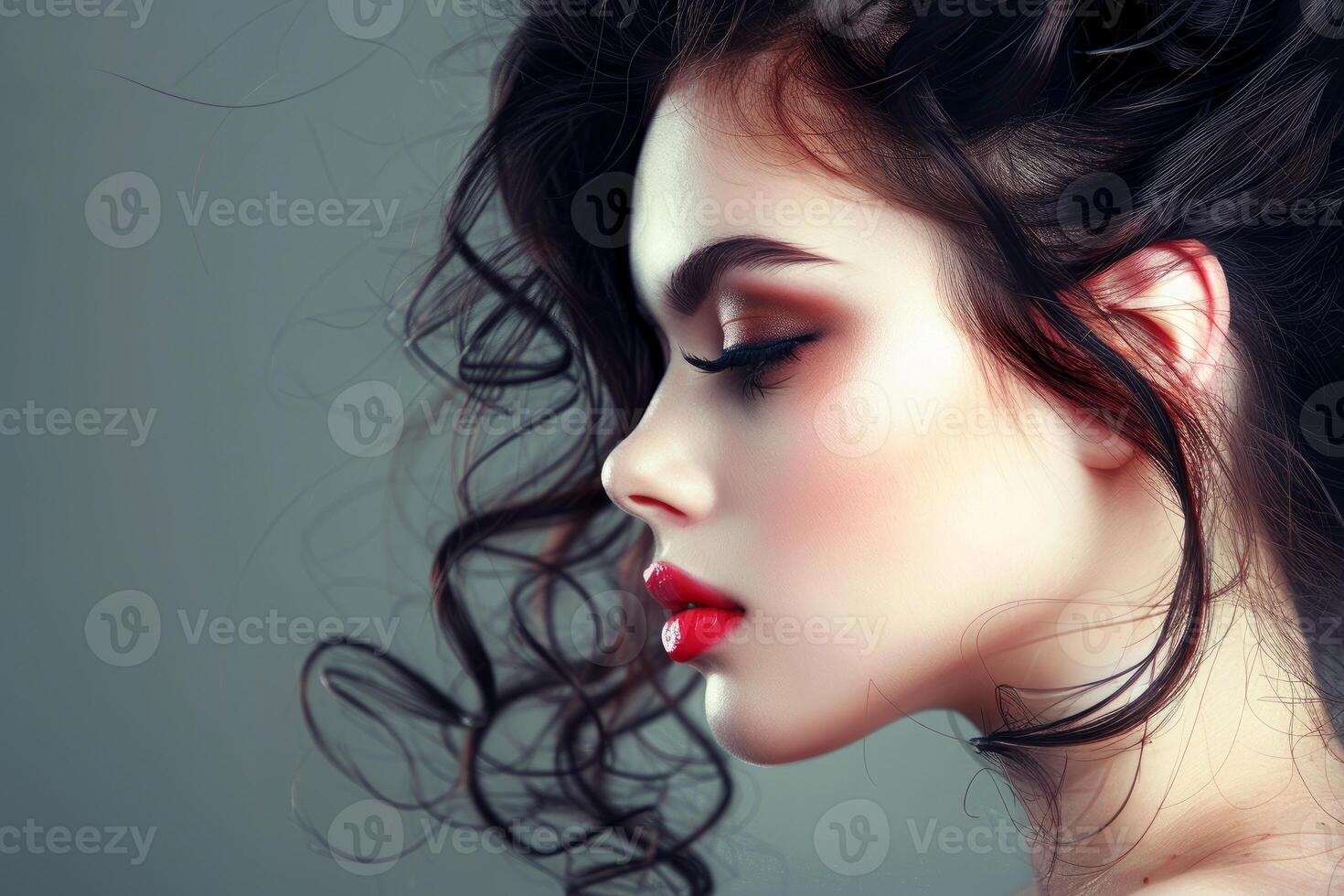 Beautiful brunette model showing professional makeup and curly hairstyle photo