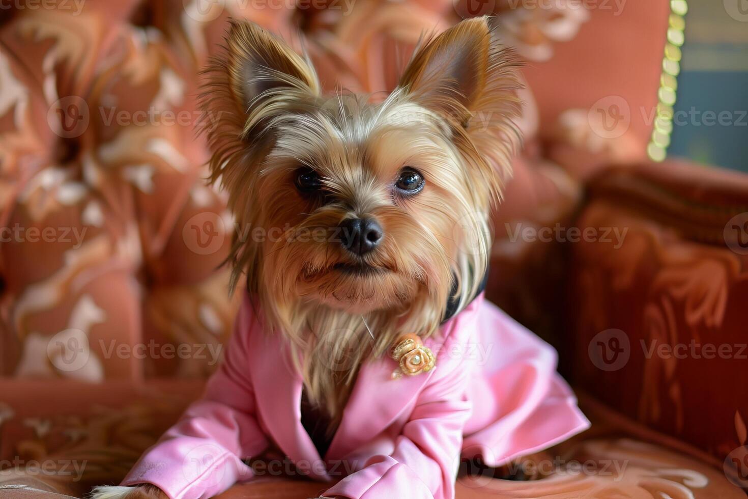 Yorkshire terrier puppy wearing pink suit and golden brooch relaxing on sofa photo