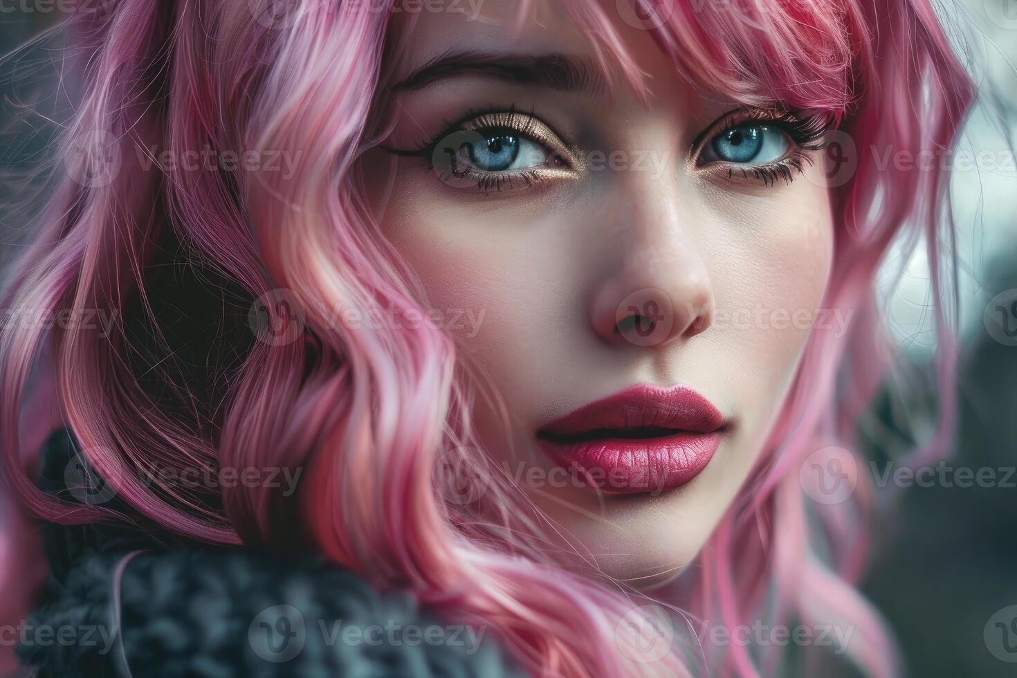 Portrait of woman with pink hair showing intense gaze and pink lipstick photo