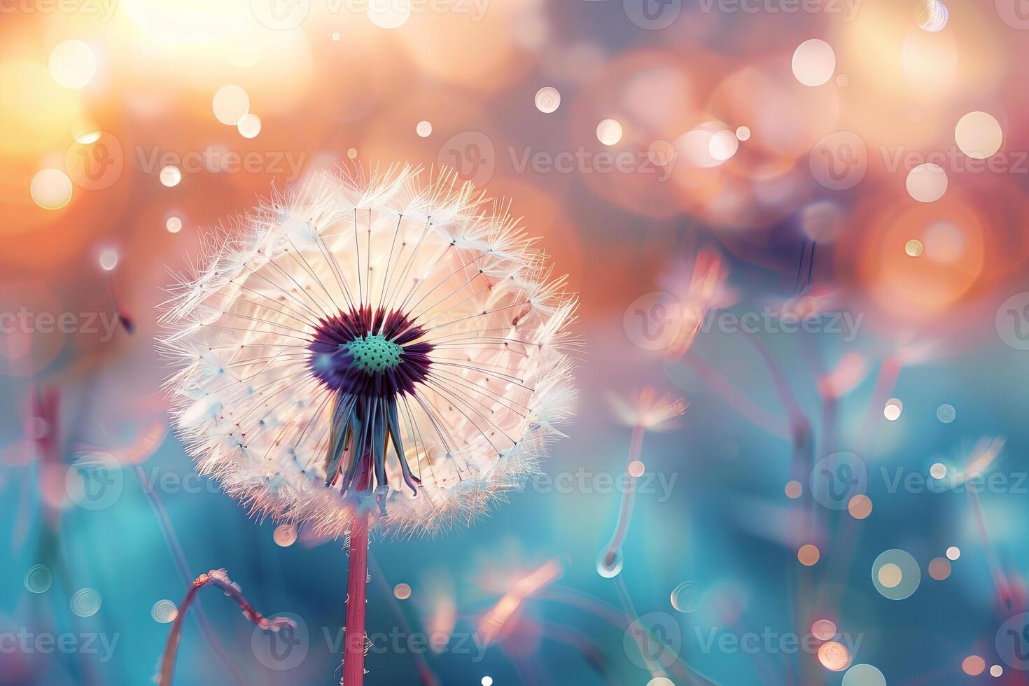 Dandelion seeds blowing in magic sunset light with bokeh effect photo