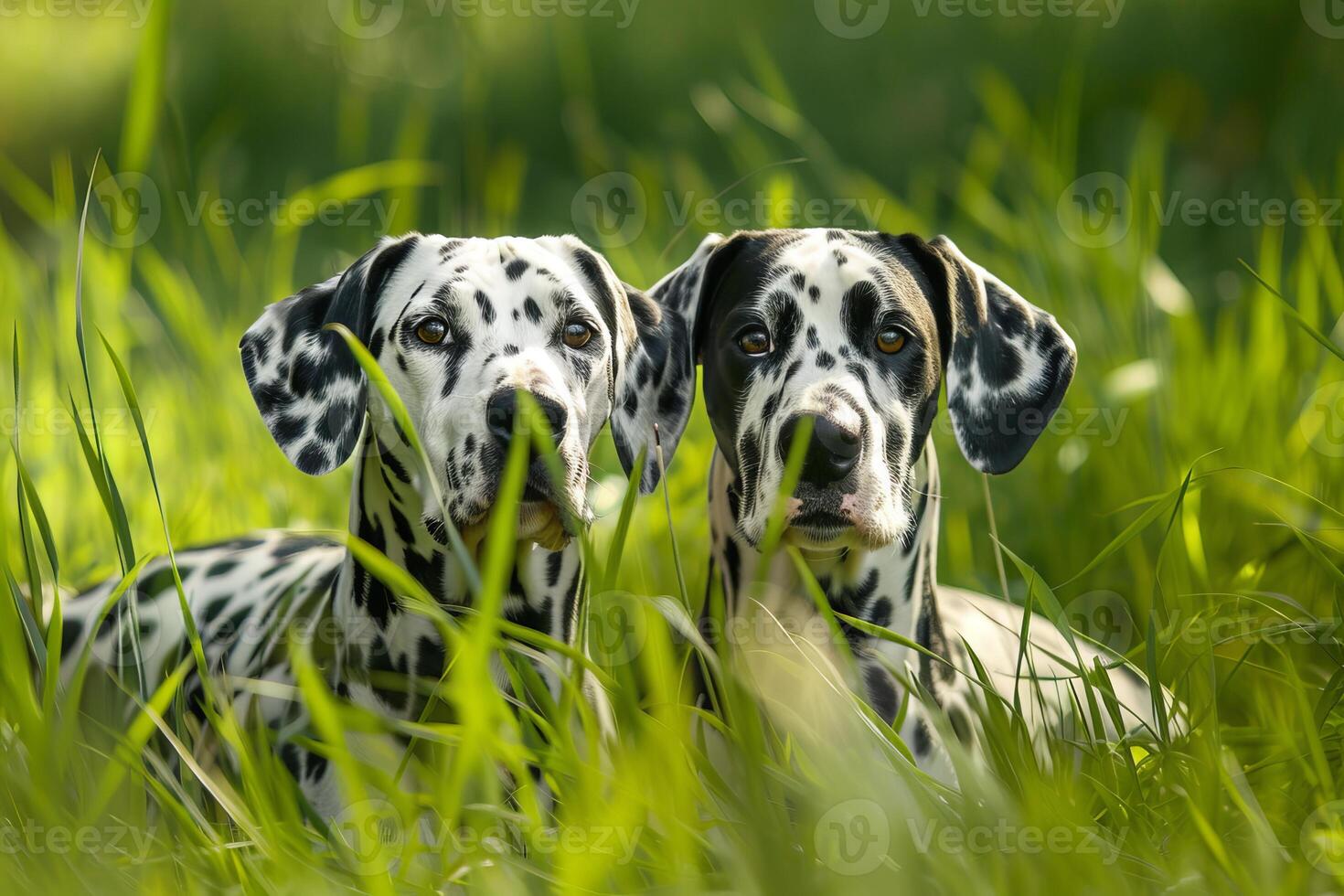 Two dalmatian dogs hiding in green grass photo