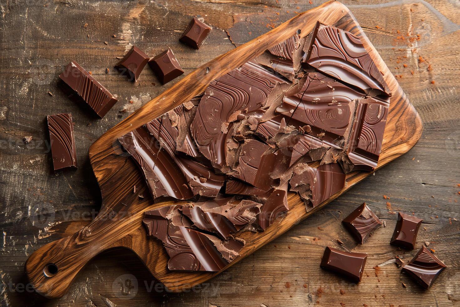 Delicious dark chocolate broken into pieces on rustic wooden cutting board photo