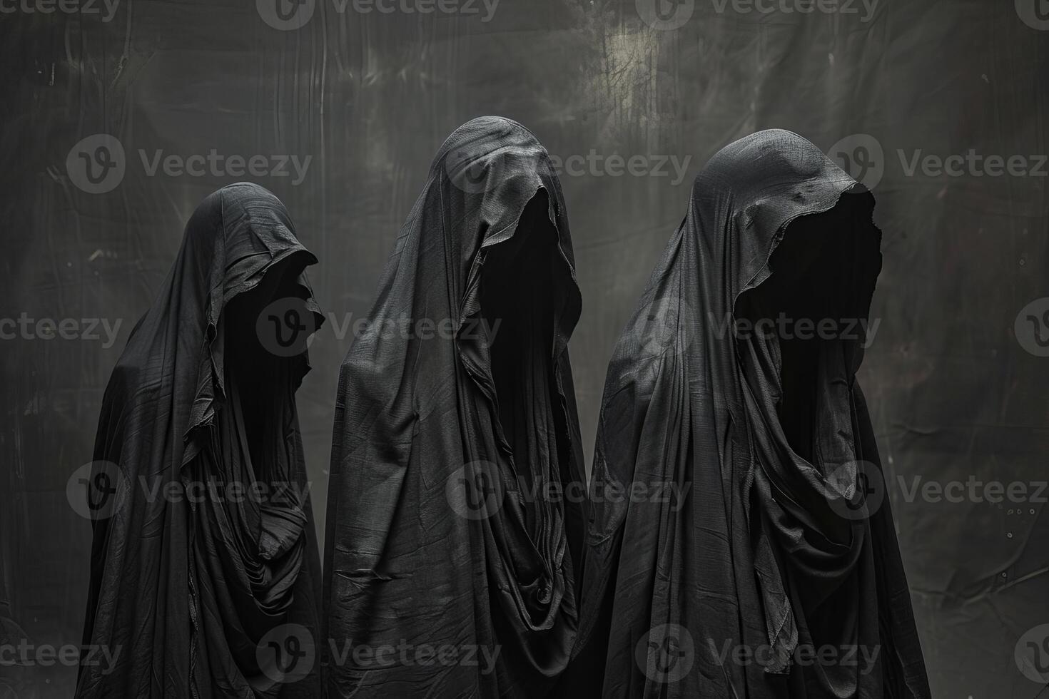 Three mysterious figures hiding their faces under black cloaks photo