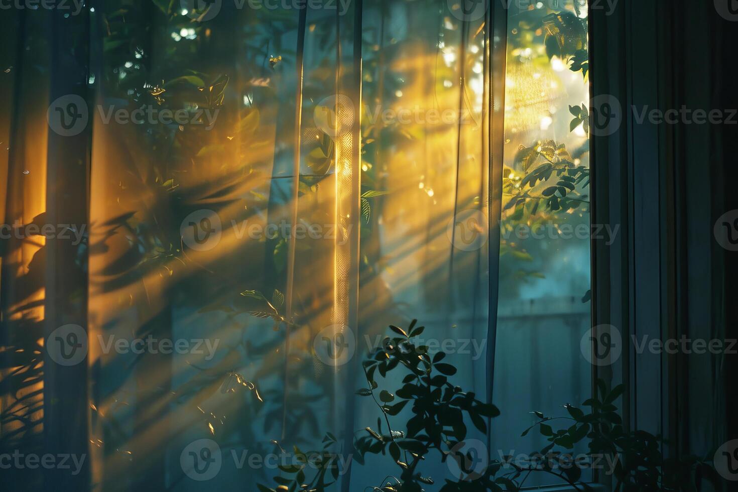 Golden sunlight streaming through sheer curtains at sunrise photo