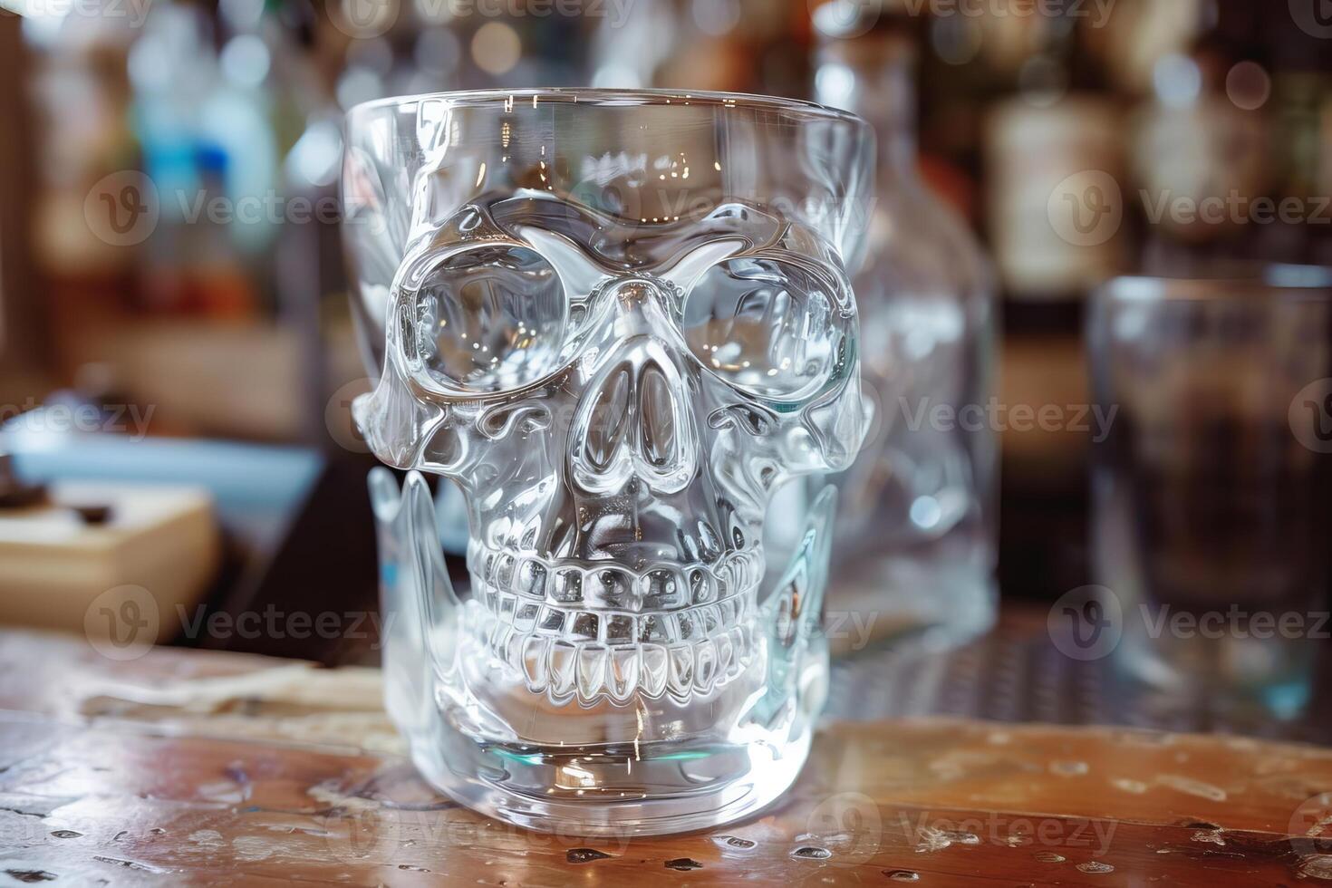 Glass skull shaped beer mug sitting on bar counter photo