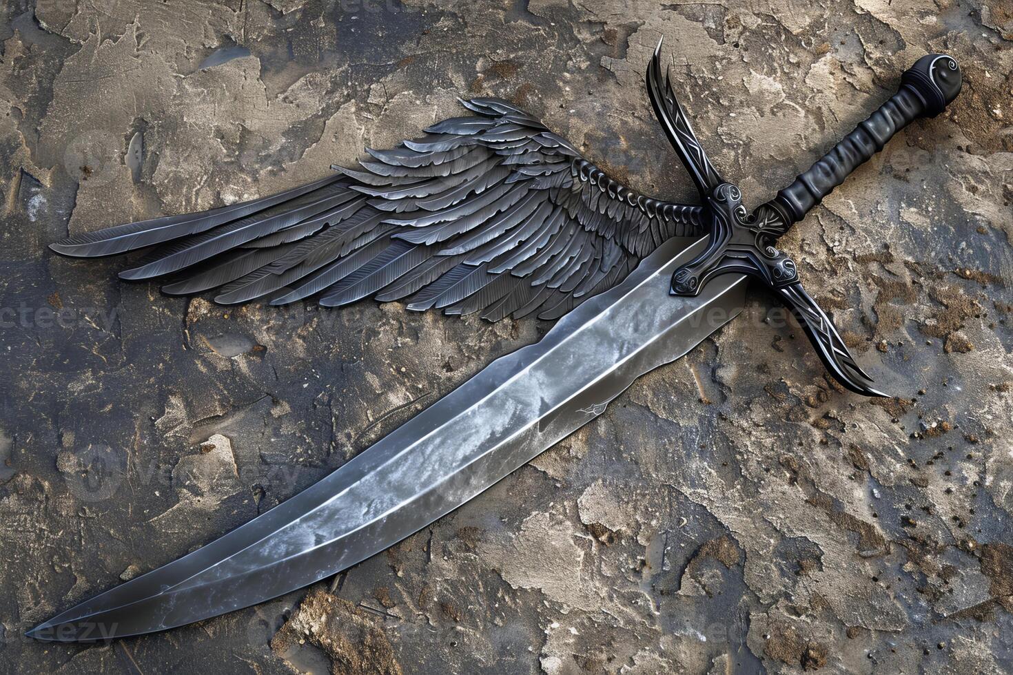 Fantasy winged sword resting on stone surface photo