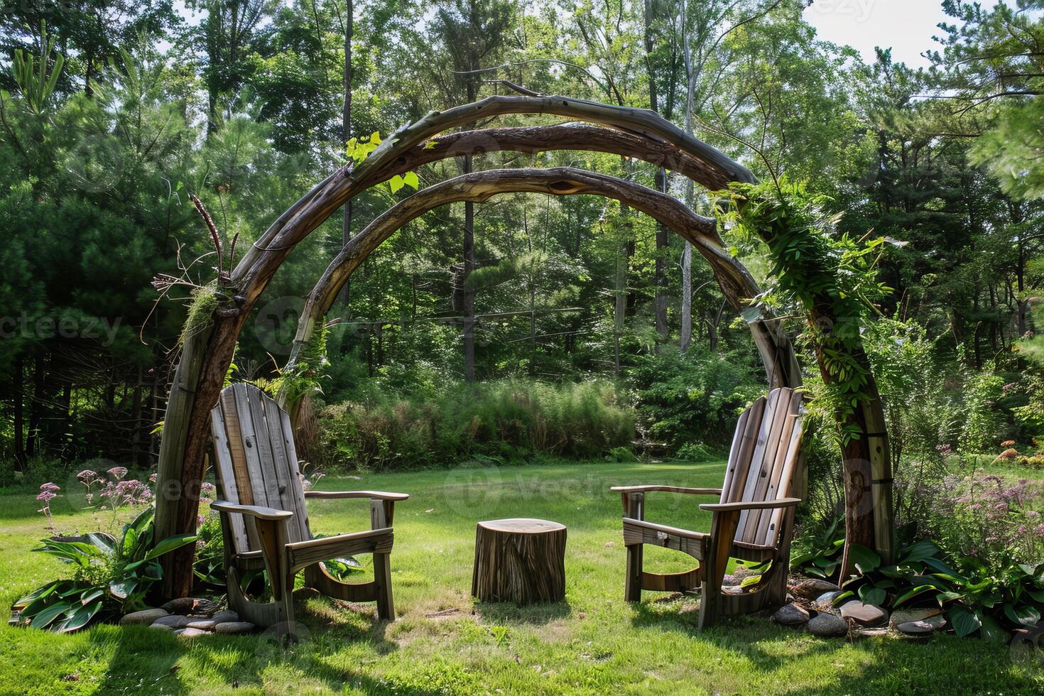 Wooden chairs under arbor archway in lush green garden photo