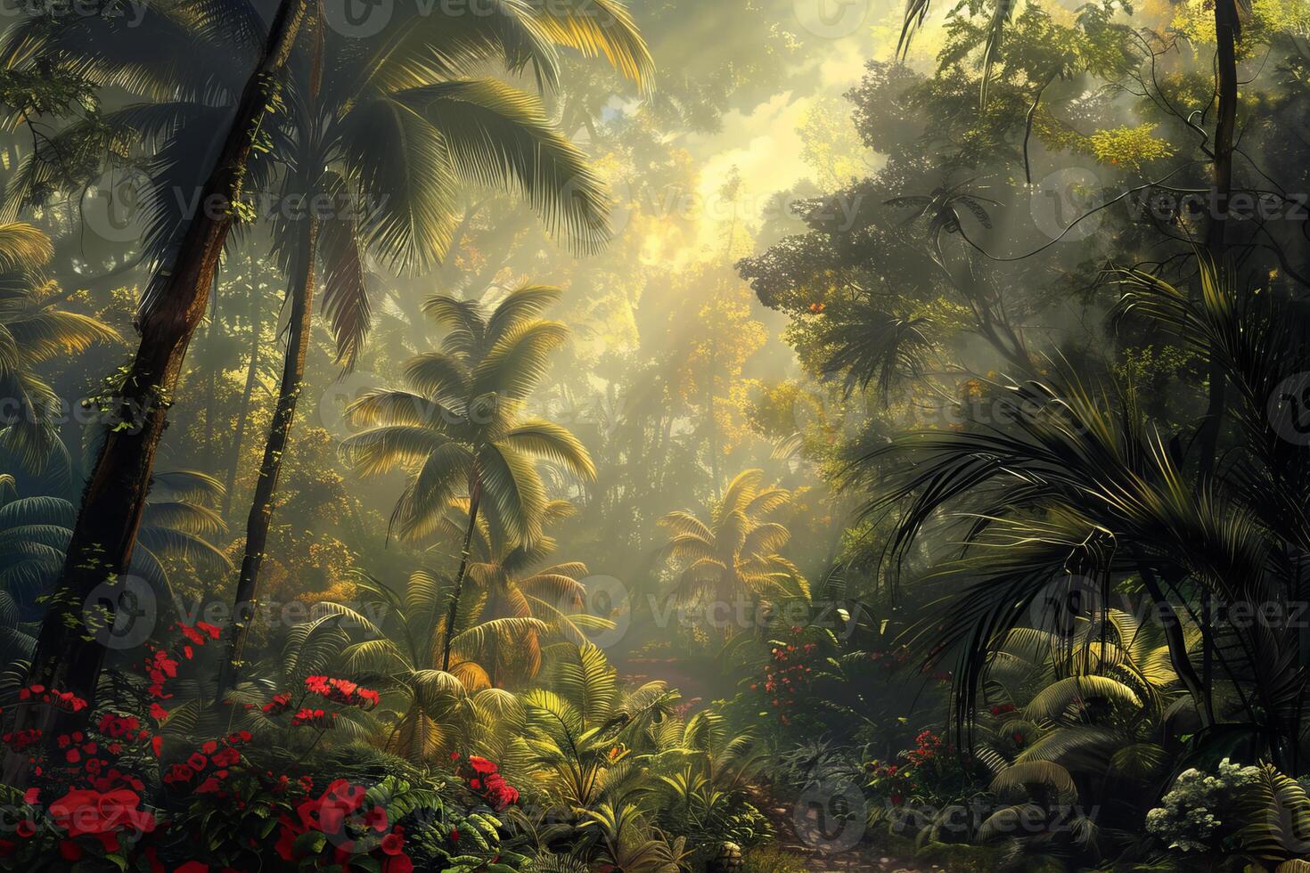 Lush tropical rainforest canopy with sunlight streaming through fog and palm trees photo
