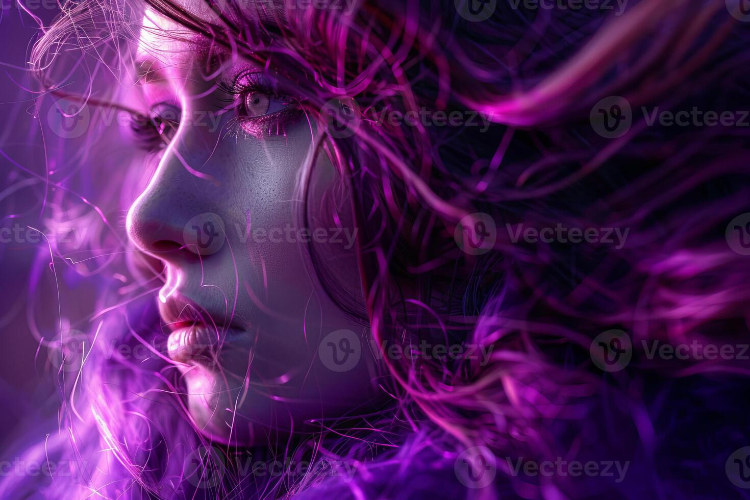 Beautiful model with purple hair posing in a photoshoot with neon lights photo