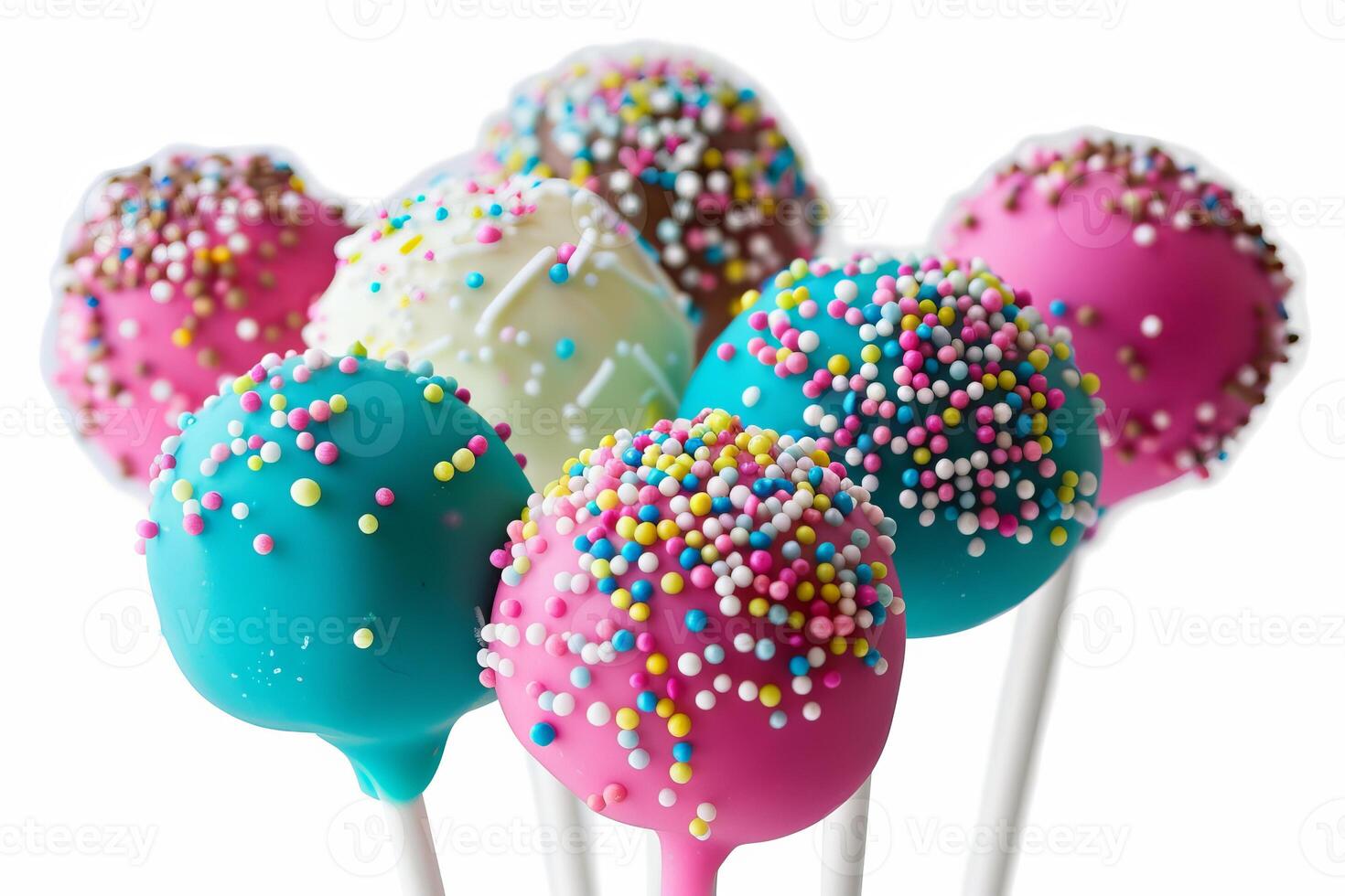 Colorful cake pops covered with sprinkles on white background photo