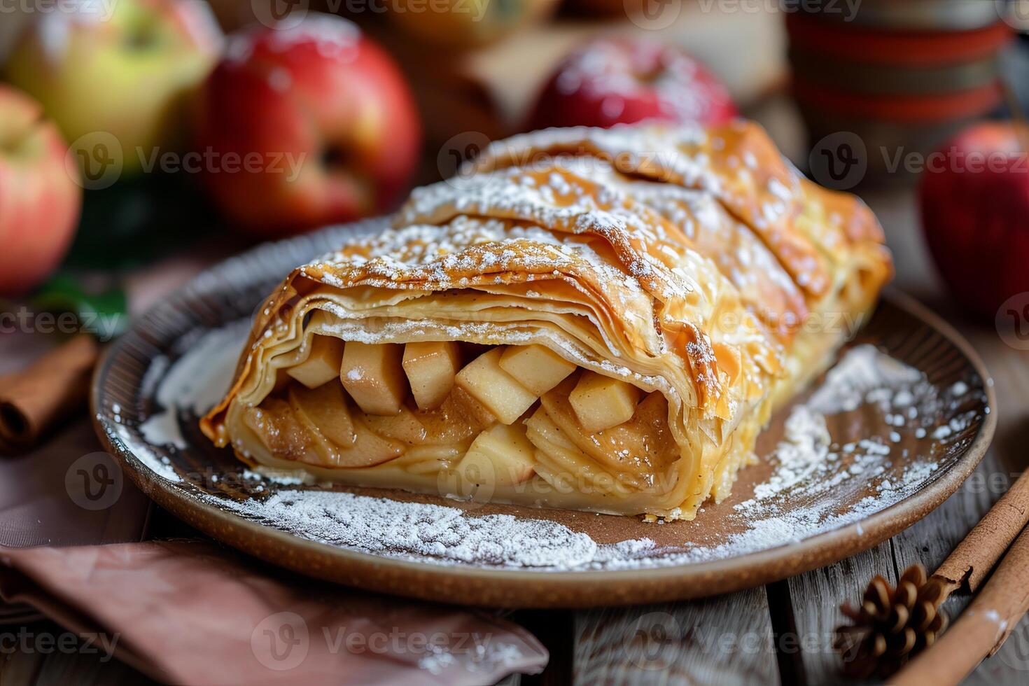 Delicious homemade apple strudel with icing sugar resting on a wooden table photo