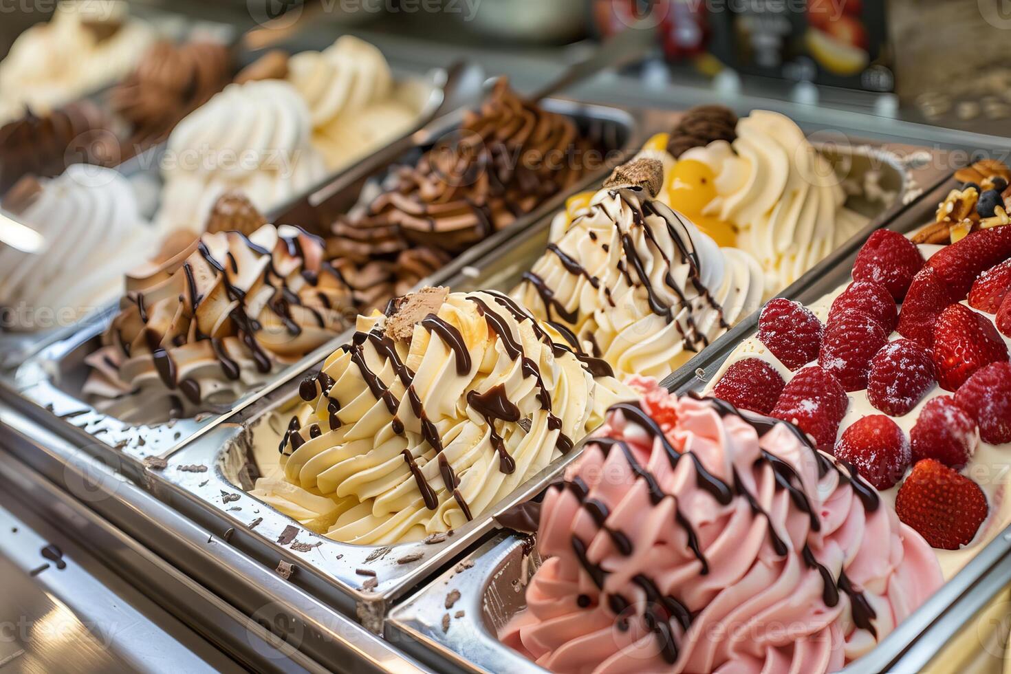 Delicious italian gelato ice cream flavours tempting customers in a display counter photo