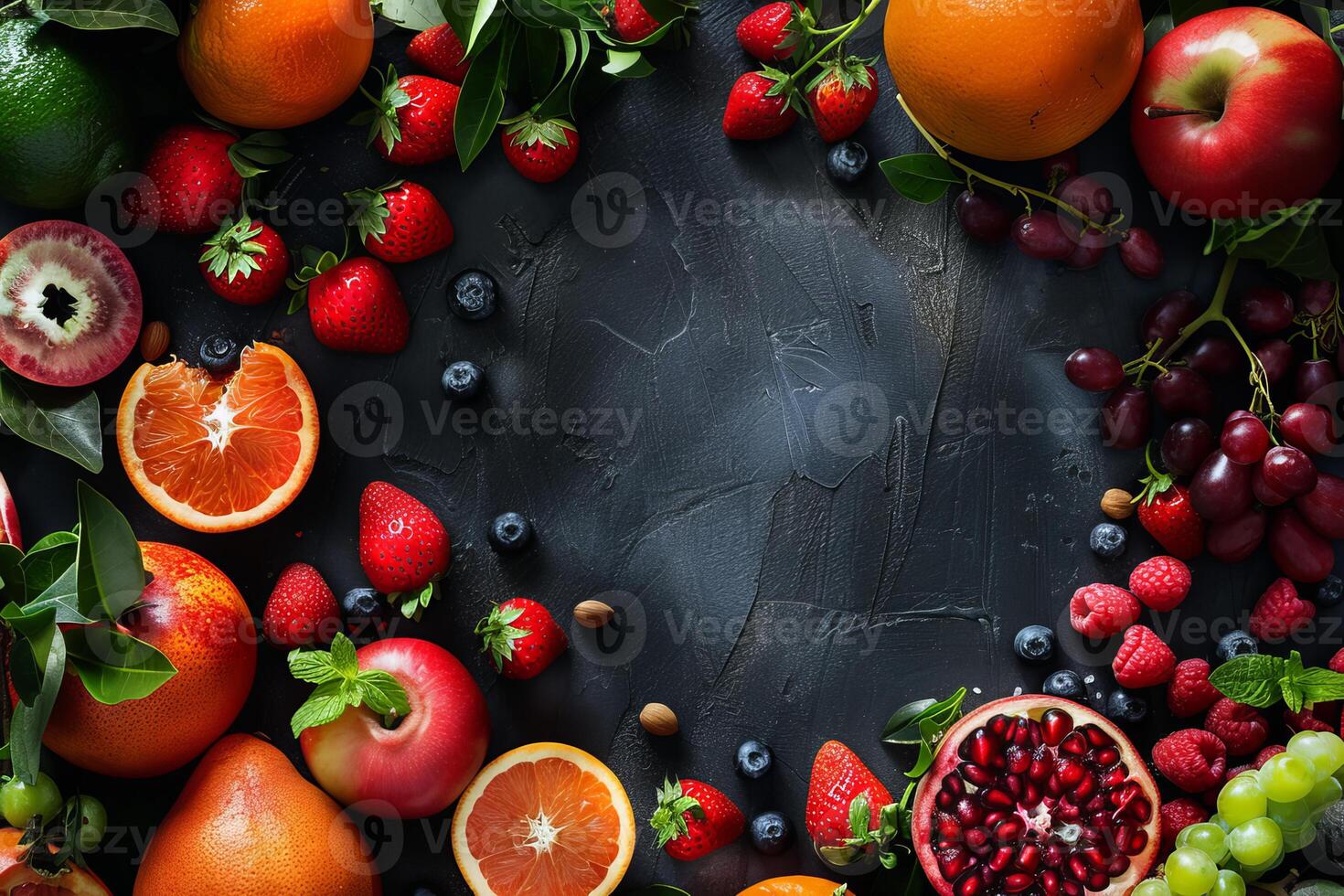 Fresh assorted fruits forming a frame on dark background photo