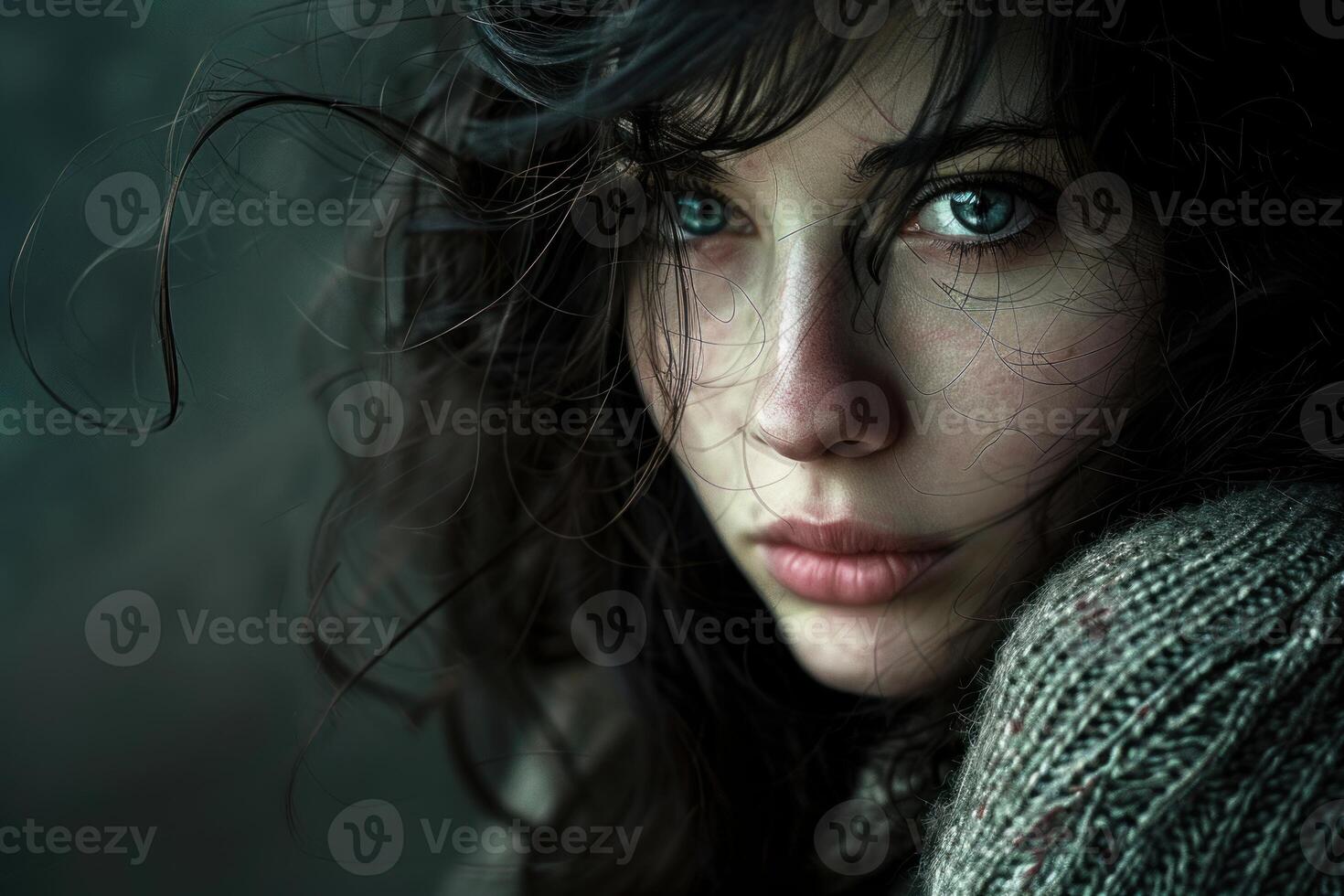 Portrait of pensive young woman with freckles and windblown hair photo