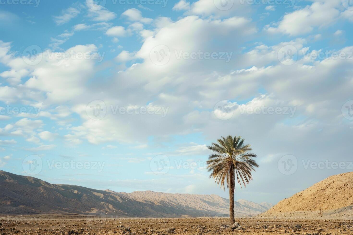 Lonely palm tree growing in arid desert landscape under cloudy sky photo