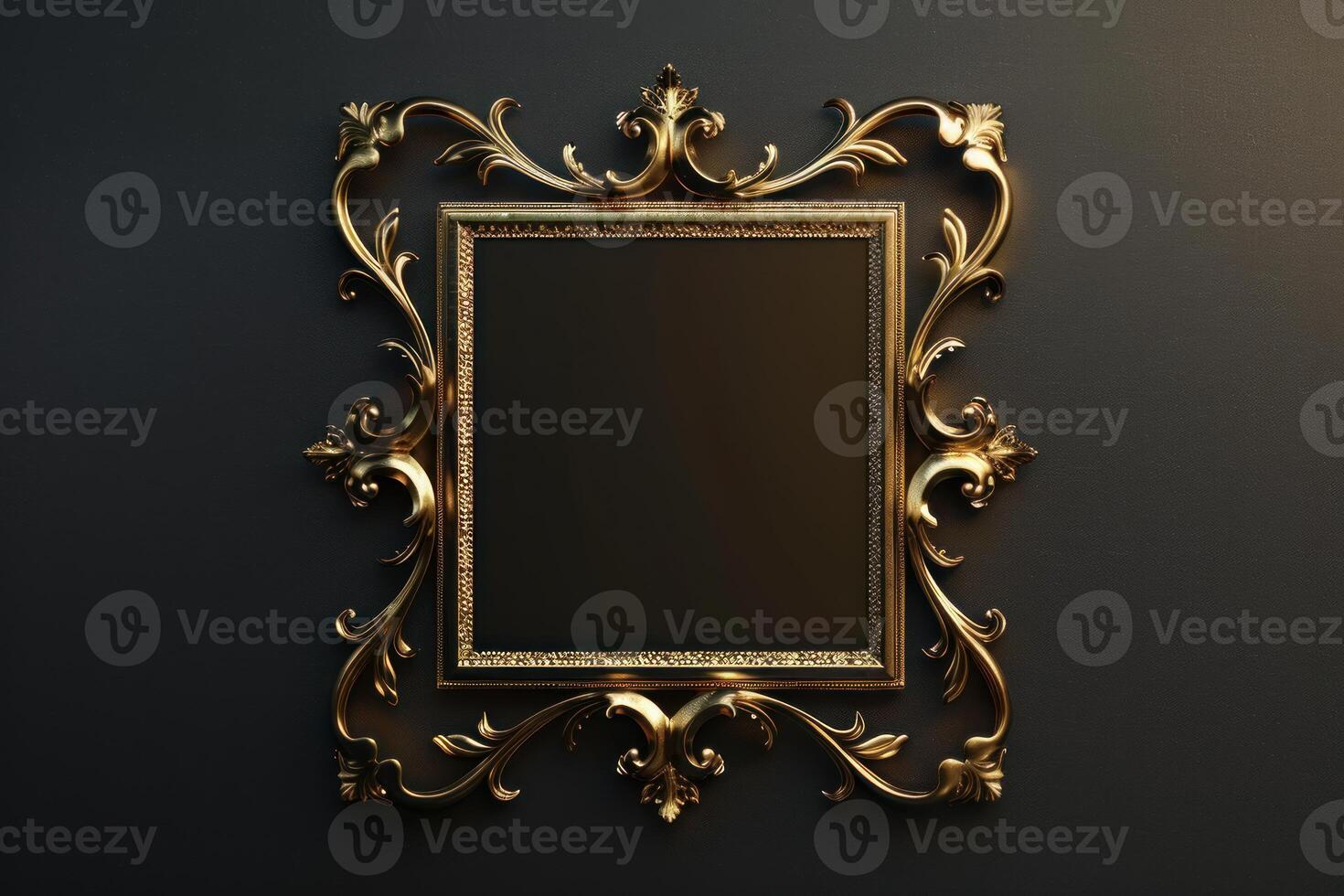Golden ornate baroque frame on dark gray wall, showing luxury and elegance photo