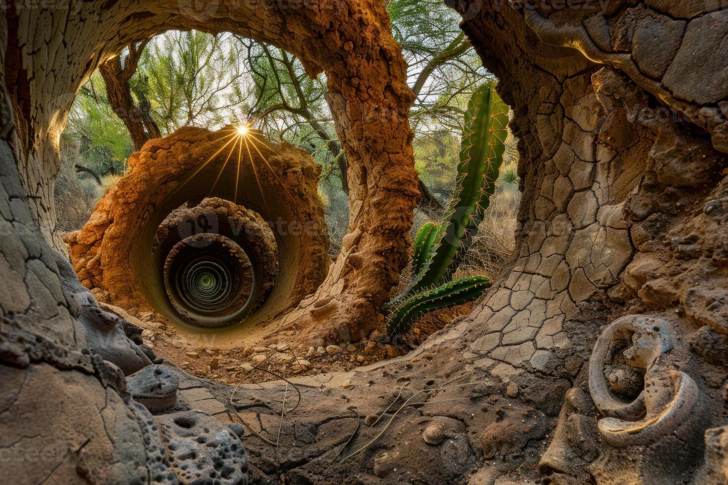 Sun shining through tunnel in cracked desert ground with cactus photo