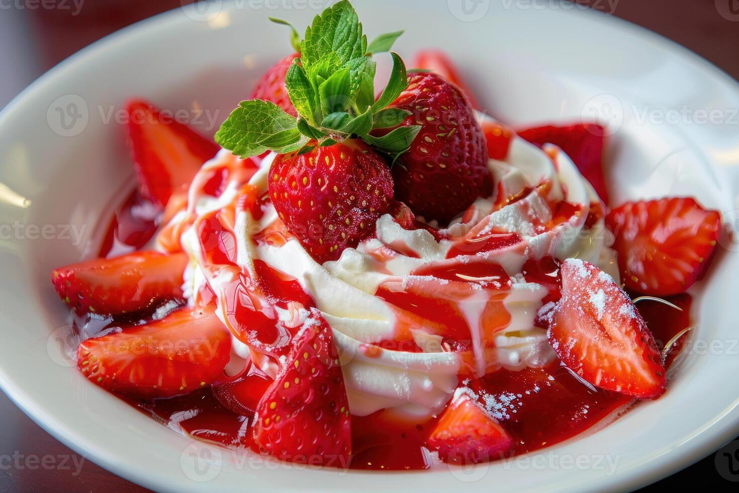 Delicious eton mess dessert with fresh strawberries and whipped cream drizzled with strawberry sauce photo