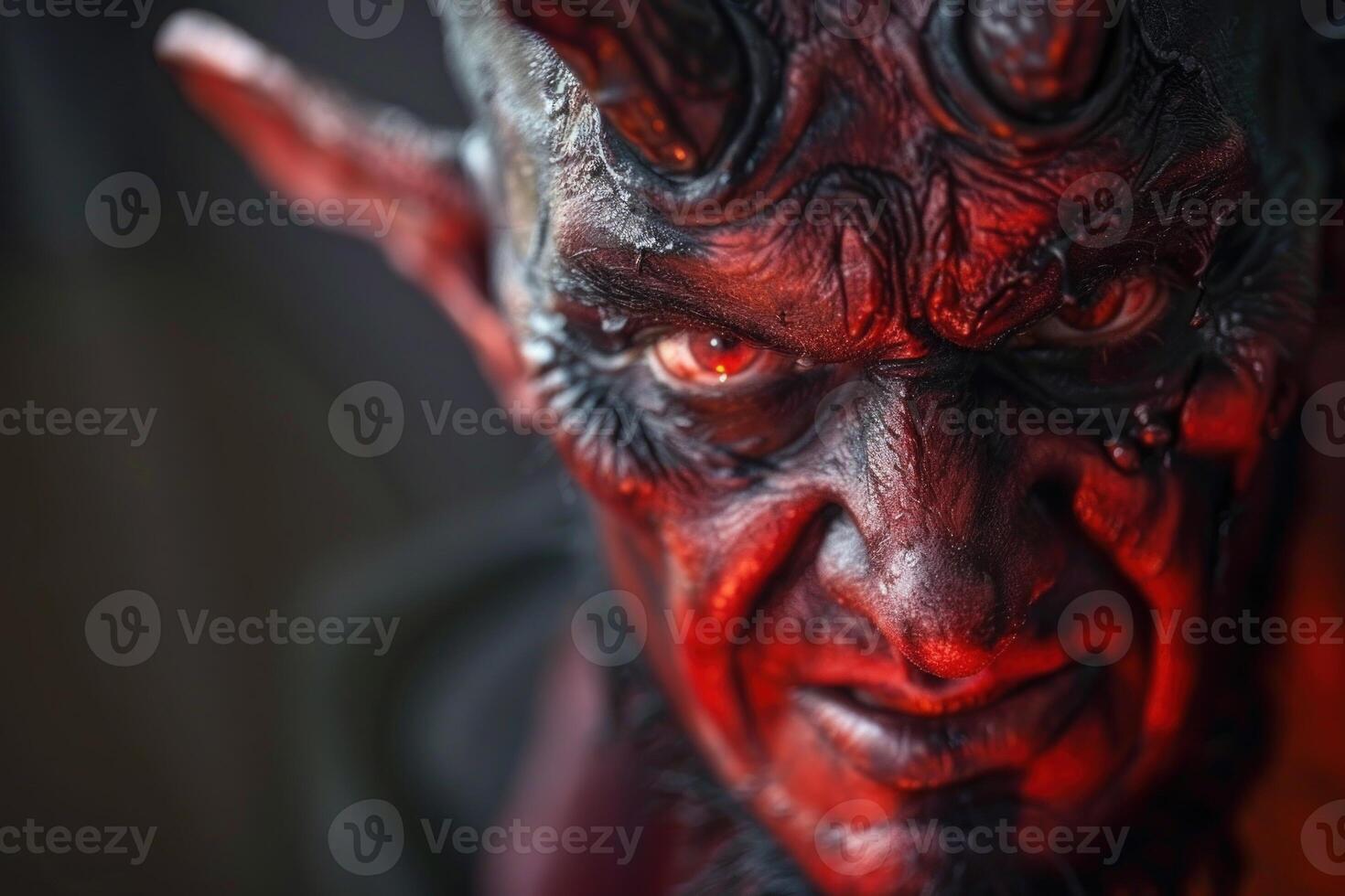 Scary devil showing horns and red eyes in the darkness photo