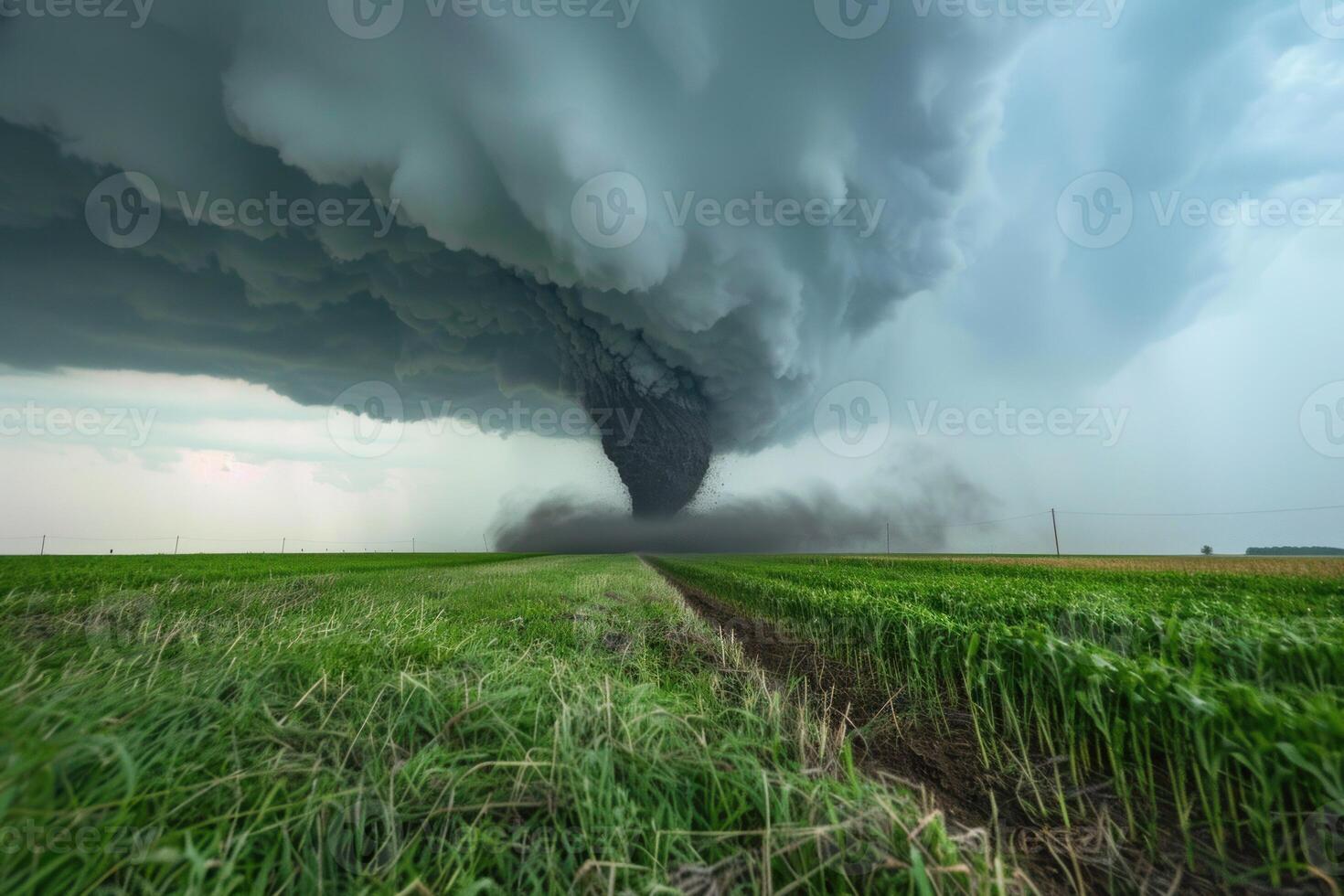 Large tornado touching down in green field photo