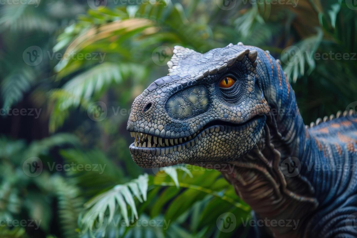 Realistic dinosaur emerging from lush tropical jungle photo