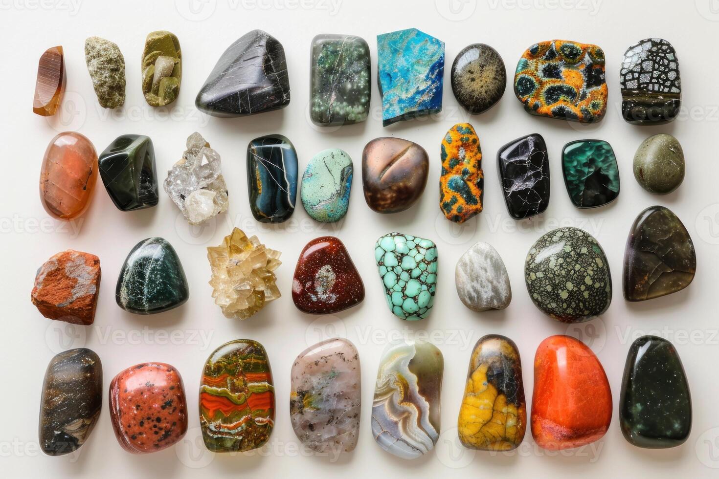 Polished gemstones creating colorful pattern, showcasing beauty of nature and variety of minerals photo