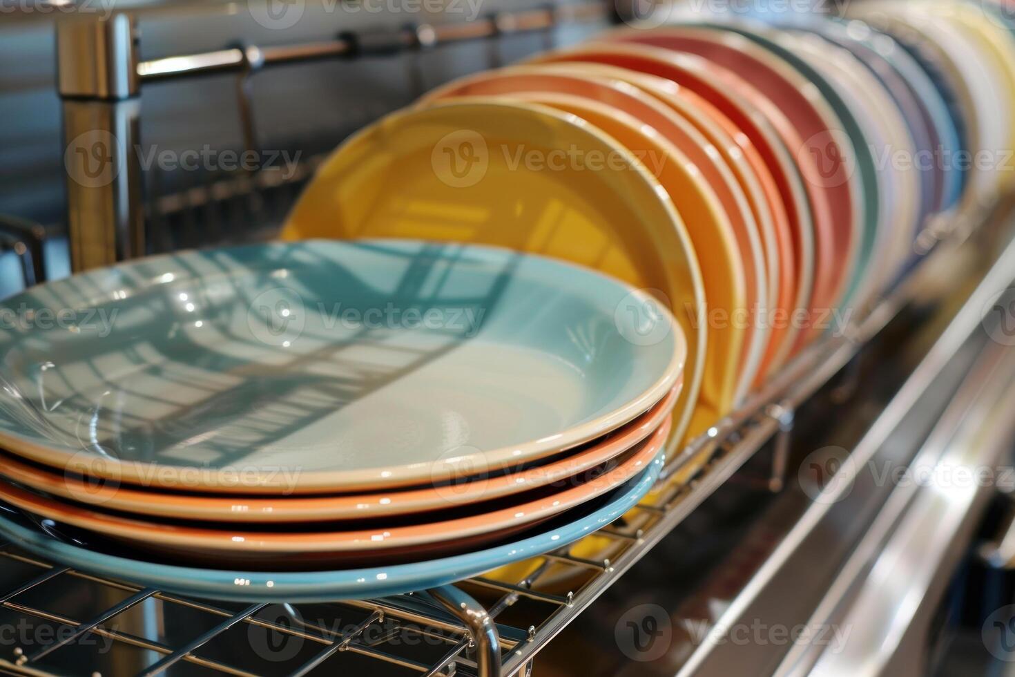 Colorful ceramic plates drying on a dish rack in a modern kitchen photo