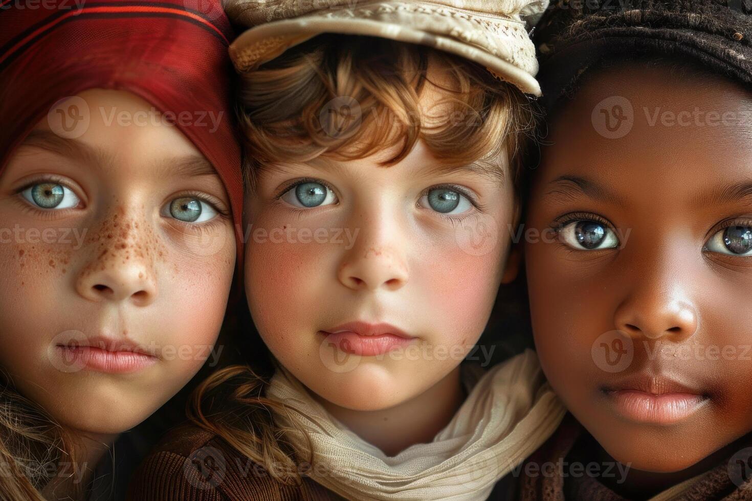 Three children showing diversity and unity with intense eyes photo