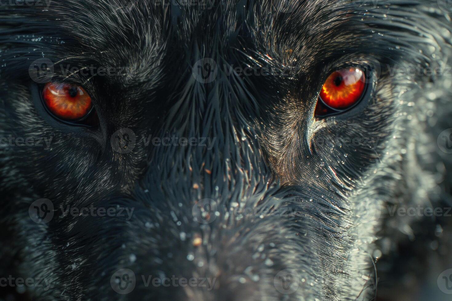 Intense close up of black wolf showing fiery red eyes and wet fur photo