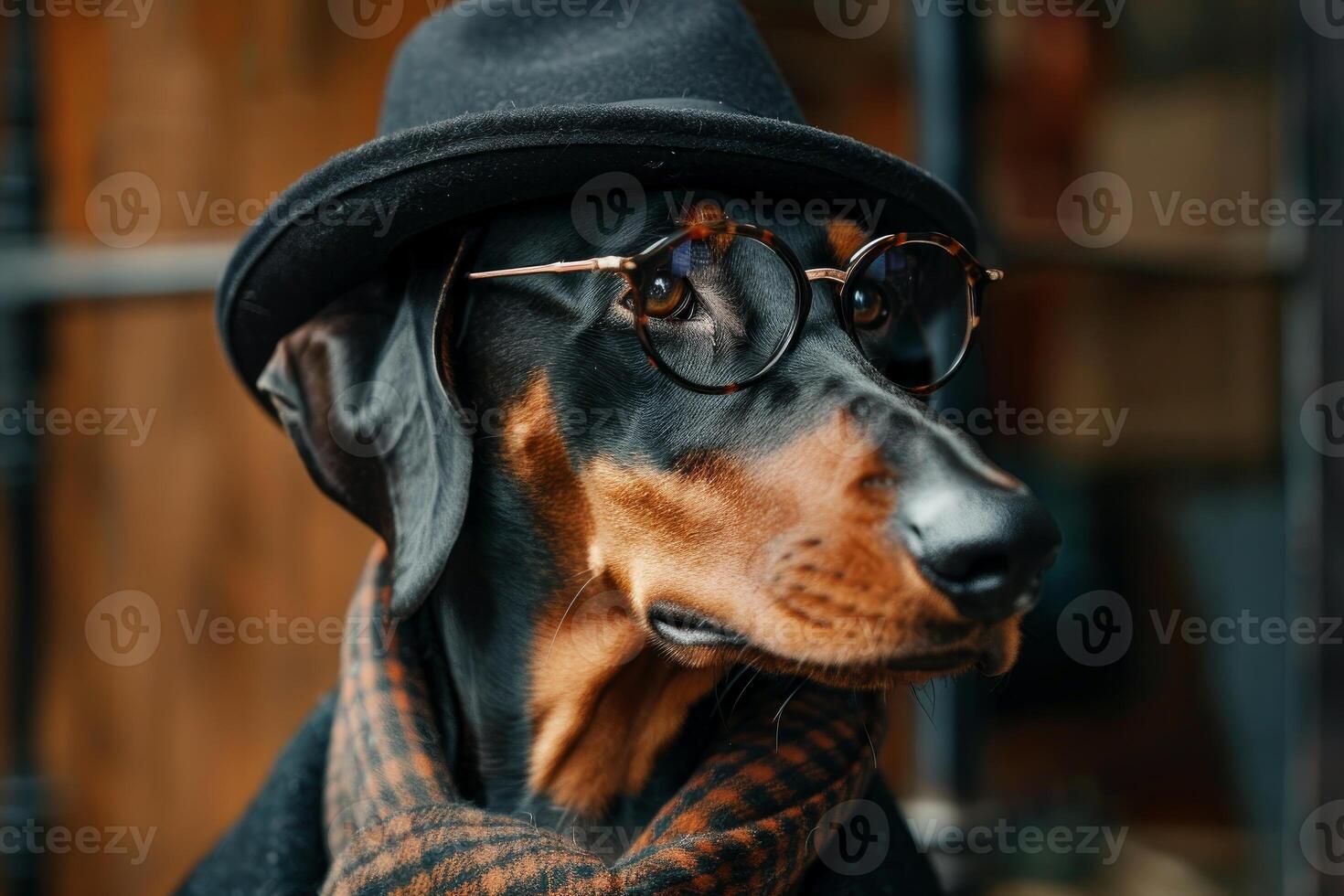 Elegant doberman dog wearing hat, glasses and scarf, posing with style photo