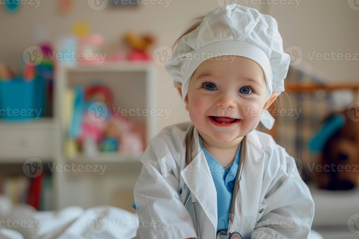 Adorable baby wearing medical uniform smiling in bedroom photo
