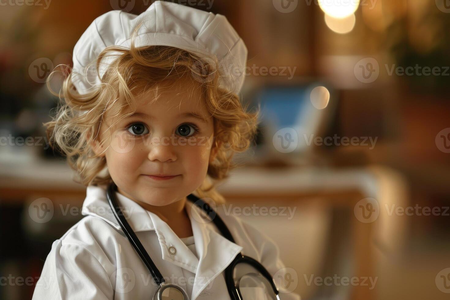 Young child playing doctor wearing white coat and stethoscope photo