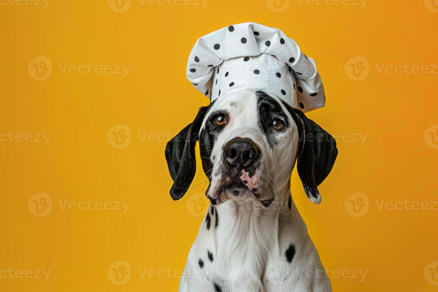 Dalmatian dog wearing chef's hat posing on yellow background photo