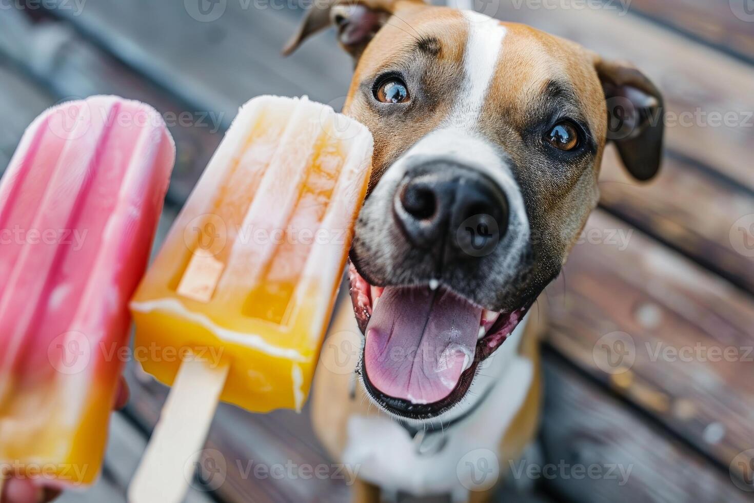 Happy dog looking at two refreshing ice cream popsicles on summer day photo